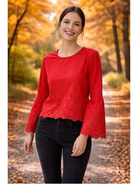 STYLE ENVY Terra cotta Eyelet Bell Sleeve Cotton Blouse Size L (19” PTP)